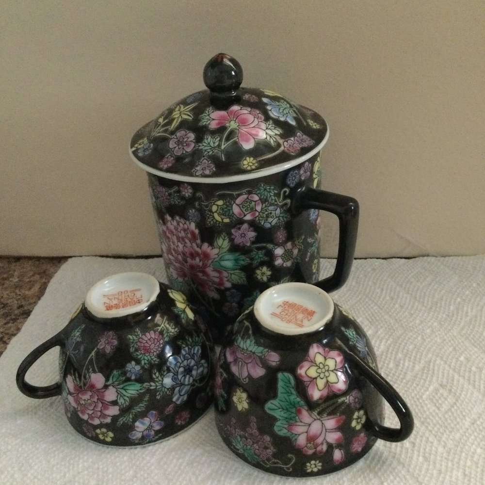 Vintage Chinese porcelain lidded mug and two handled cups black Noir floral